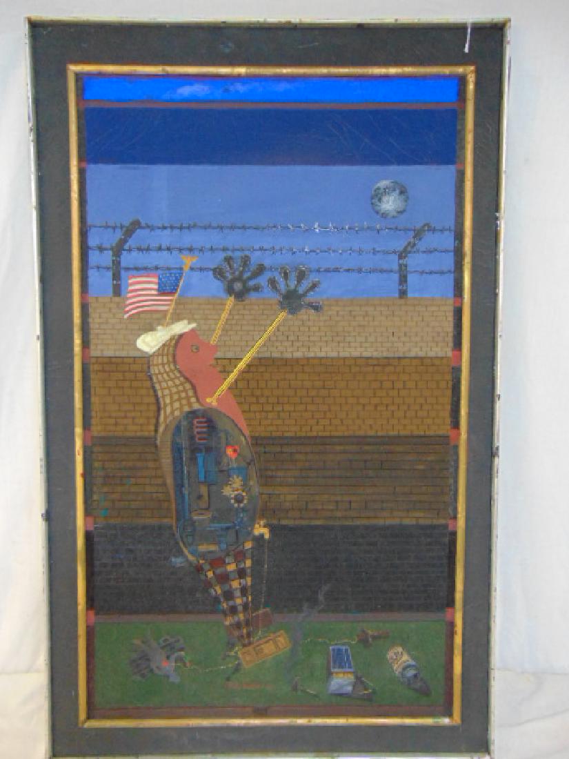 Painting, Stanley Kubicki, peanut figure by wall,: Painting, Stanley Kubicki, peanut figure by wall, surreal scene, painted on canvas, canvas size is 42" by 26", painting is dated 1961.