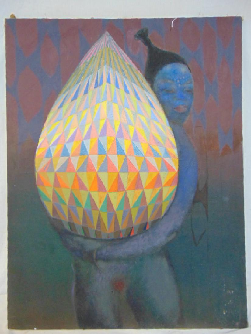 Painting, Stanley Kubicki, blue humanoid figure holding: Painting, Stanley Kubicki, blue humanoid figure holding a teardrop-shaped object with an abstract decoration, oil on canvas, unsigned. 34.25" by 26"