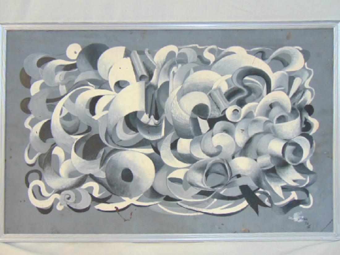 Painting, Stanley Kubicki, black and white abstract: Painting, Stanley Kubicki, black and white abstract design, painted on Masonite, 1955, 37.5" by 23.25"