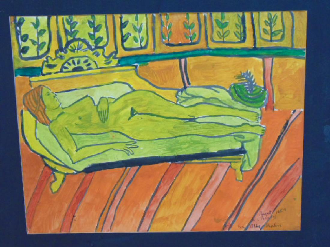 Painting, reclining lady, Abby Shahn, daughter of Ben: Painting, reclining lady, Abby Shahn, daughter of Ben Shahn, watercolor on paper showing a lady reclining on sofa bed, 1959, 16.75" by 21.75"