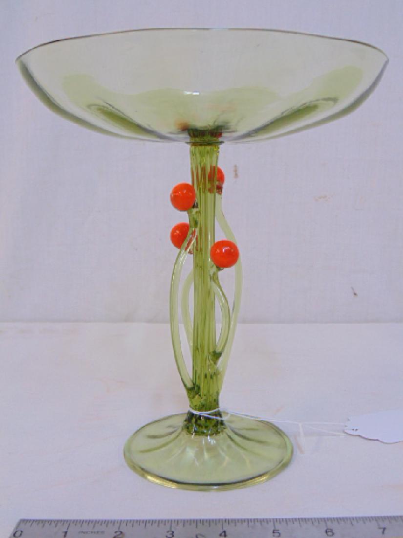 Venetian glass compote, dish, light green Italian glass: Venetian glass compote, dish, light green Italian glass dish with applied orange balls to stem, height is 9", top diameter is 8 1/8", in good condition
