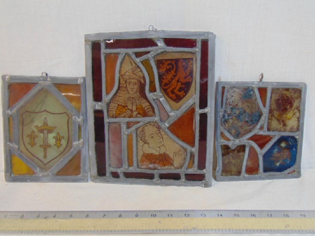 3 leaded, stained glass panels, stained glass window: 3 leaded, stained glass panels, stained glass window panels, saints, armorial, 10.5" by 8,5" & 7" by 6" (2).They were made by John Brooks Little, an artist who used old and new parts to create leaded 