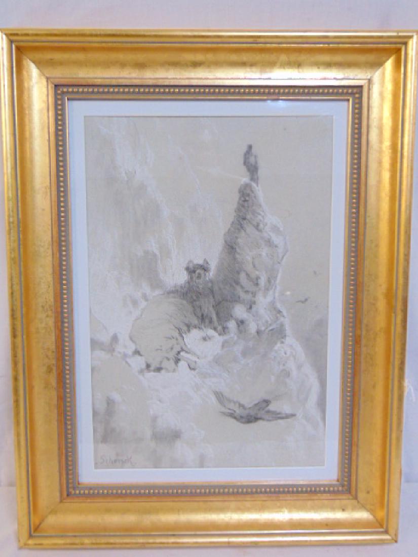 Gouache, animals on cliff, August Schenk, drawing: Gouache, animals on cliff, August Schenk, drawing showing sheep on a cliff, signed Schenck, 18.25" by 12.25"