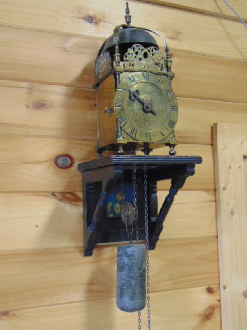 Frank Carver, West Bridgford shelf Clock, brass clock: Frank Carver, West Bridgford shelf Clock, brass clock with single weight, brass works, one hand missing, on aesthetic wood shelf, height clock, is 15"