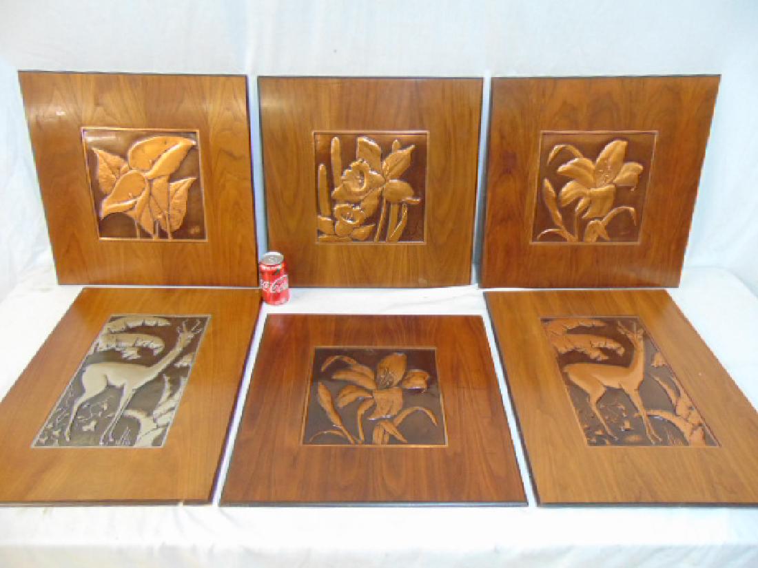 6 metal art plaques by Bruce Fox, 6 mid Century copper: 6 metal art plaques by Bruce Fox, 6 mid Century copper relief plaques include 4 floral scenes & 2 deer (one deer is aluminum), floral scenes are 20" by 20", deer are 24" by 18"