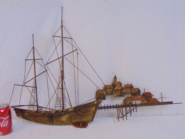 Curtis Jere wall sculpture, brass & copper sailboat: Curtis Jere wall sculpture, brass & copper sailboat by small village, sculpture is 30.5" long, height is 20.25".