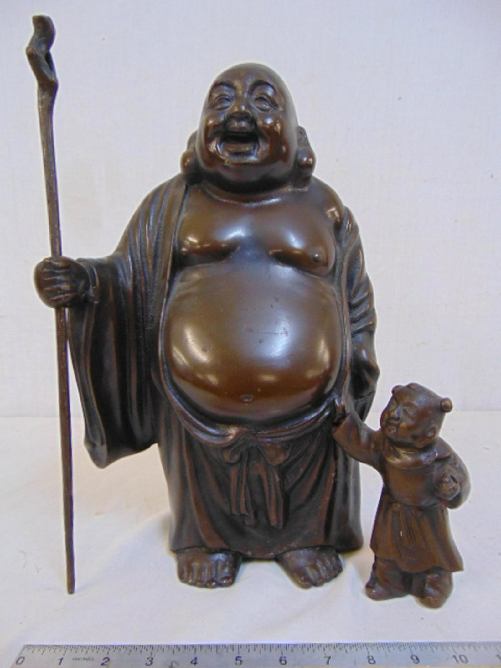 Bronze Buddha with child, bronze cast Buddha figure: Bronze Buddha with child, bronze cast Buddha figure with staff in right hand and small child on his left, child appears to have had a staff as well, but it's missing, 15" tall, small child is solid br