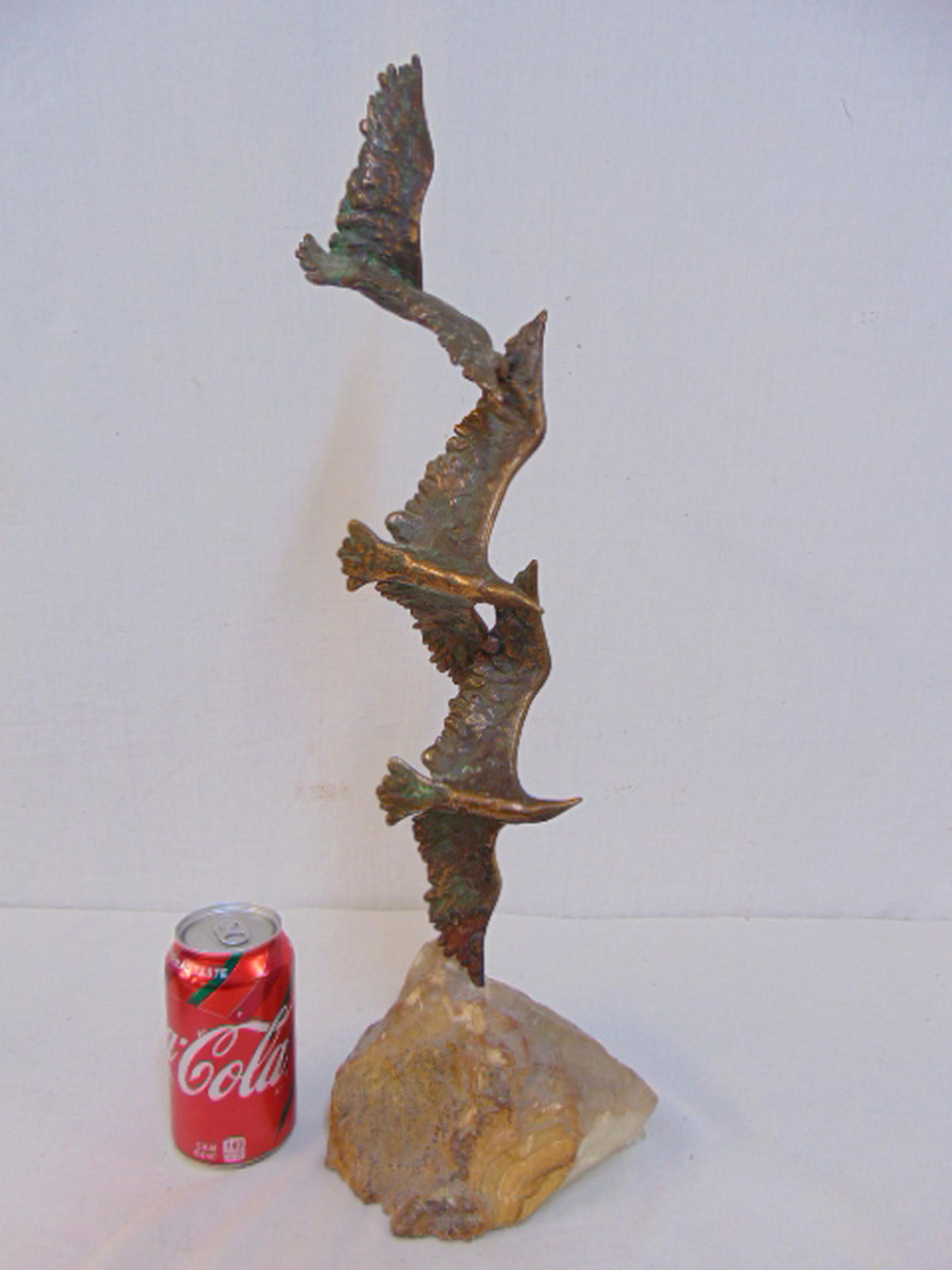 Curtis Jere bronze seagull sculpture on stone base, 3: Curtis Jere bronze seagull sculpture on stone base, 3 cast bronze flying seagulls on stone base, height including base is 22", signed and dated, 1977.