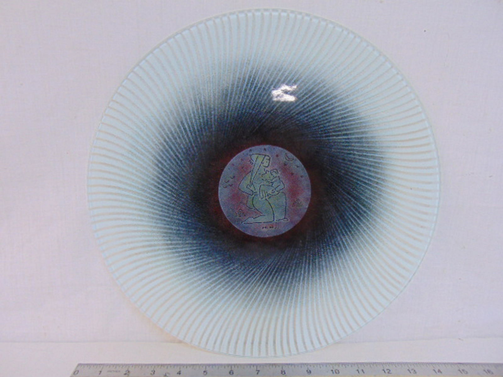 Maurice Heaton fused glass tray, image of Madonna &: Maurice Heaton fused glass tray, image of Madonna & child in center, 13.75" in diameter, in good condition