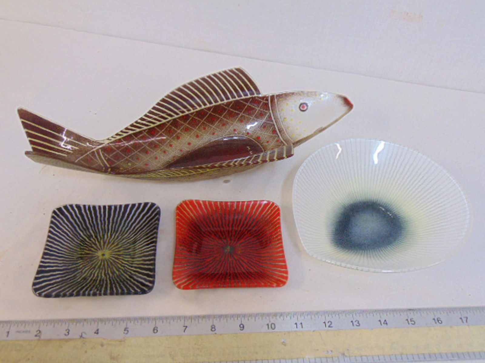 Maurice Heaton lot, 4 pieces, includes fish shaped bowl: Maurice Heaton lot, 4 pieces, includes fish shaped bowl (14.75" long, 6 7/8" wide & 2.5" tall), two small square dishes (4.25" by 4.25") & bowl, teardrop shaped, (7.5" by 7", height is 1.75", all in g