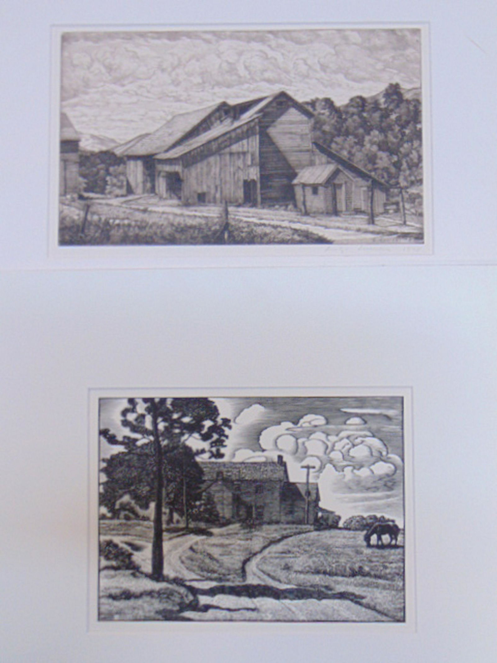 Two etchings, Julius Lankes & Luigi Lucioni, woodcut: Two etchings, Julius Lankes & Luigi Lucioni, woodcut print showing farmhouse with horse by Julius John Lankes, dated 1930, 13" by 18" (sheet size) & etching, farm, barn by Luigi Lucioni, 1948, 11 7/8"