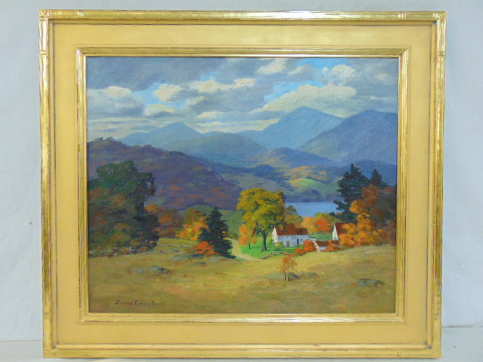 Painting, James Emery Greer, "White Mountains", farm in: Painting, James Emery Greer, "White Mountains", farm in landscape with rolling hills, (Painting of Maine Gallery label on reverse), painted on canvas board, frame is signed Goodnow, size painting is 2