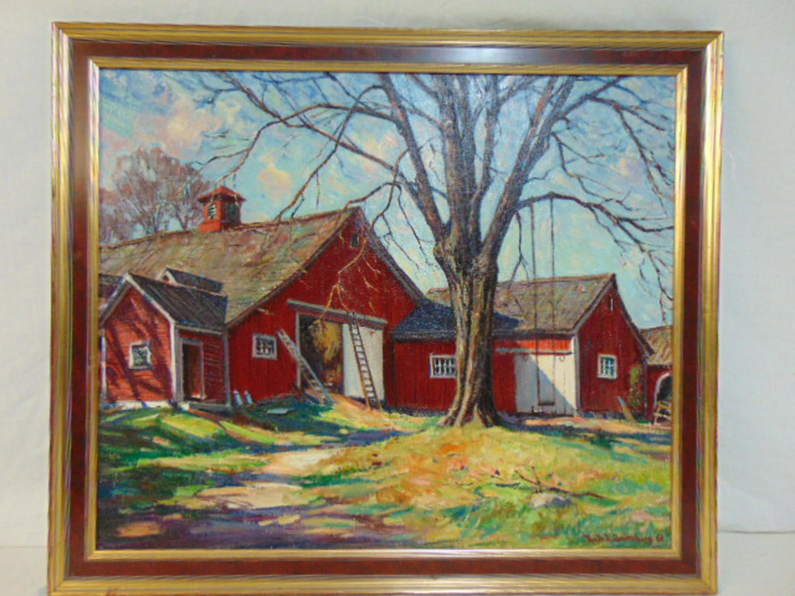 Painting, "Red Barn", Ruth Gainzburg, oil on canvas: Painting, "Red Barn", Ruth Gainzburg, oil on canvas showing several red barns by large tree, signed lower left, painted on canvas, 22" by 26"