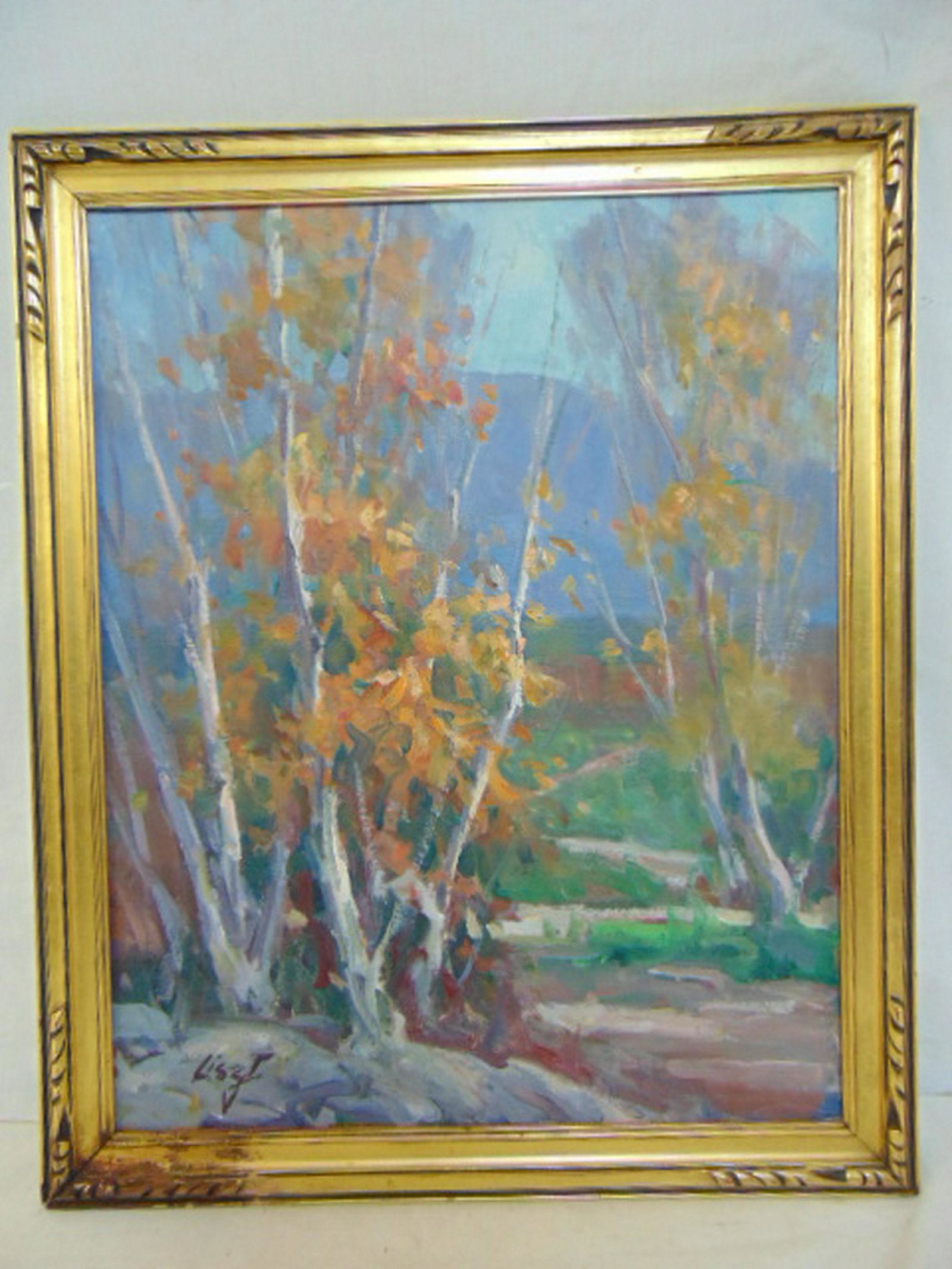 Painting, Birch trees, Maria Liszt, oil on canvas: Painting, Birch trees, Maria Liszt, oil on canvas showing fall landscape with birch trees, signed "Liszt", canvas is 20" by 16"