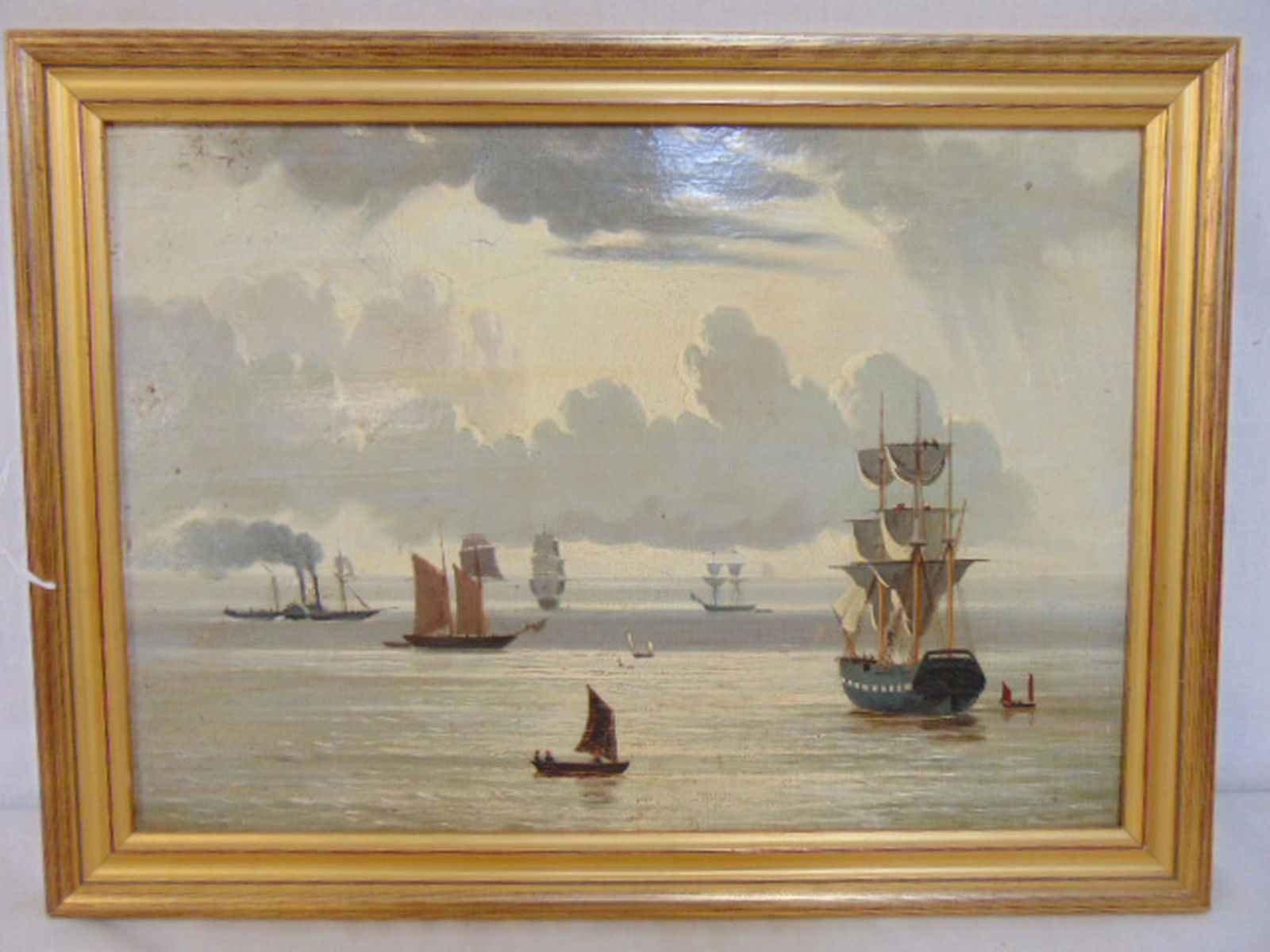 Painting, boats, signed William Pogycoe, Pocwest (??),: Painting, boats, signed William Pogycoe, Pocwest (??), 1853 painted on board showing sail ships & steamboat under cloudy skies, 9.75" by 14"