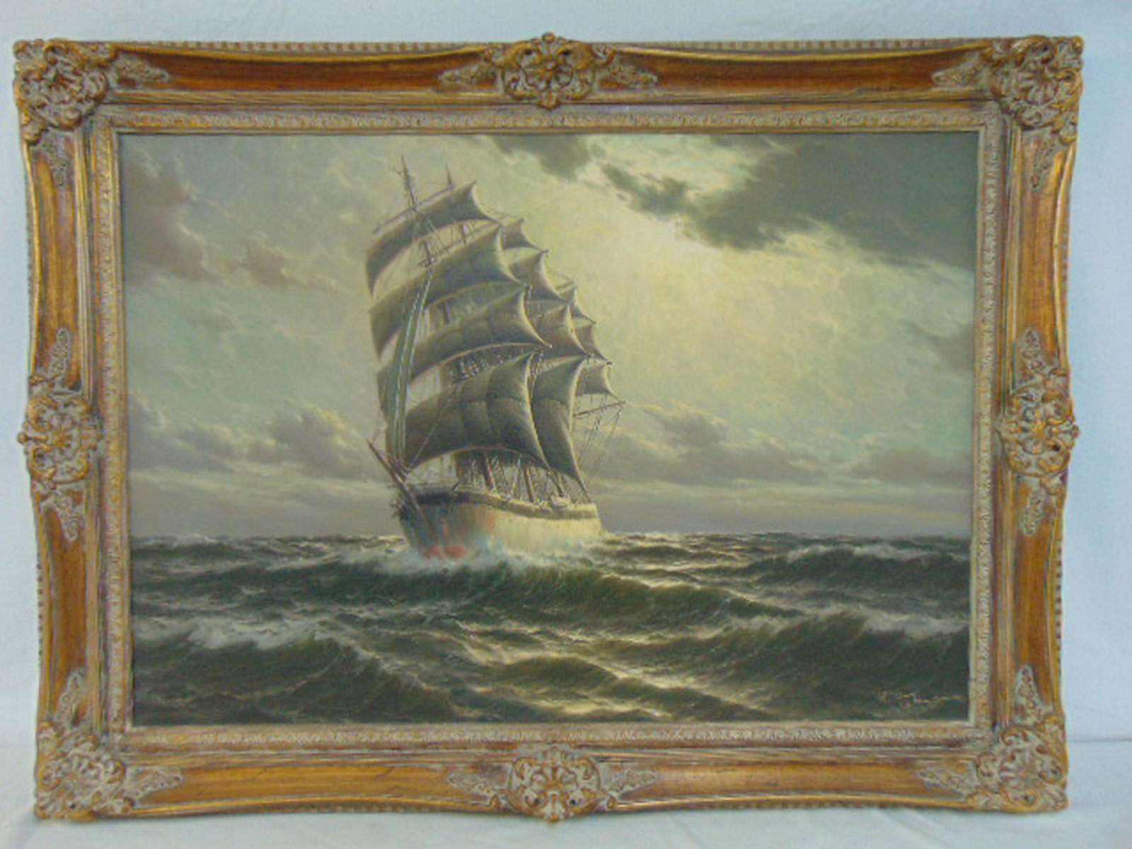 Painting, "Clipper Ship", Walter Dettmann, oil on: Painting, "Clipper Ship", Walter Dettmann, oil on canvas showing clipper ship with full sail on open ocean, canvas is 27.75" by 39.75"