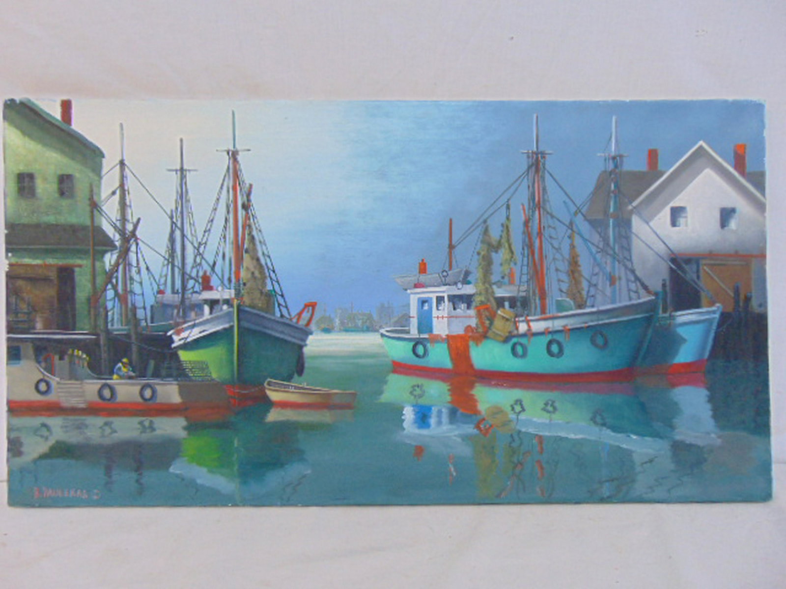 Painting, fishing boats, Ben Paulekas, oil on canvas: Painting, fishing boats, Ben Paulekas, oil on canvas showing various fishing boats docked, signed lower left, canvas is 16" by 30"