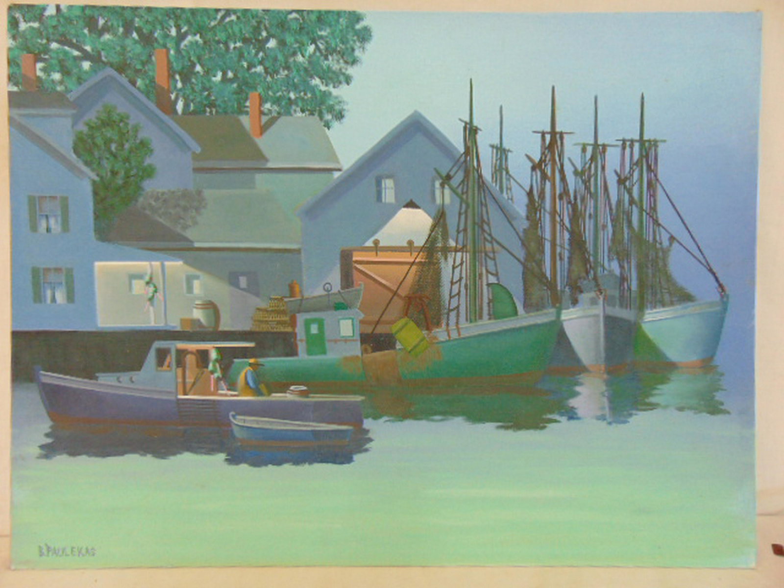 Painting, fishing boats, Ben Paulekas, oil on canvas: Painting, fishing boats, Ben Paulekas, oil on canvas board, showing several docked fishing boats & fisherman in small boat, 18" by 24".