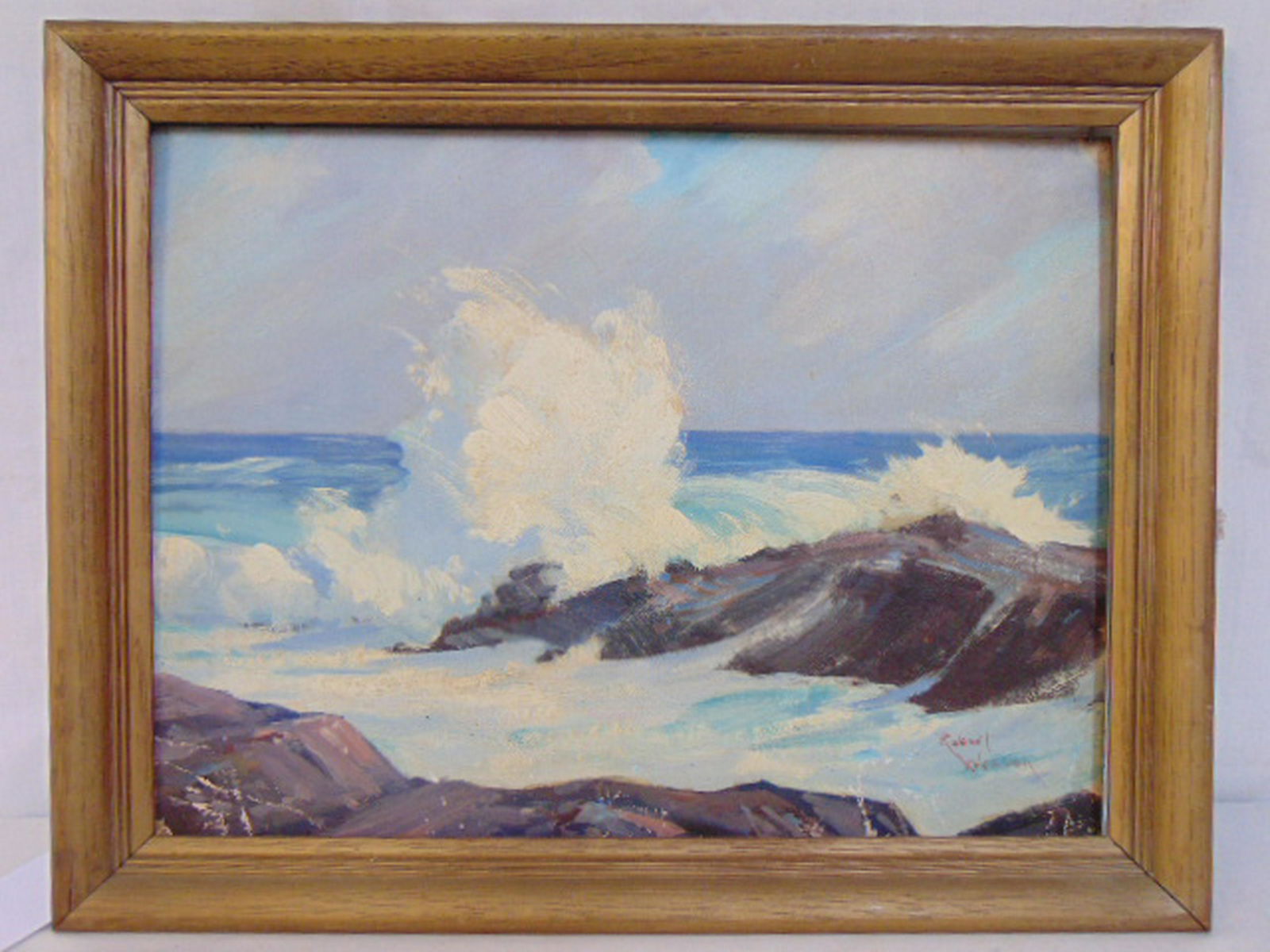 Painting, "Breaking Waves", Robert Wesson, October: Painting, "Breaking Waves", Robert Wesson, October 1954, painted on canvas board, 12" by 16", note, paint is scratched lower margin.