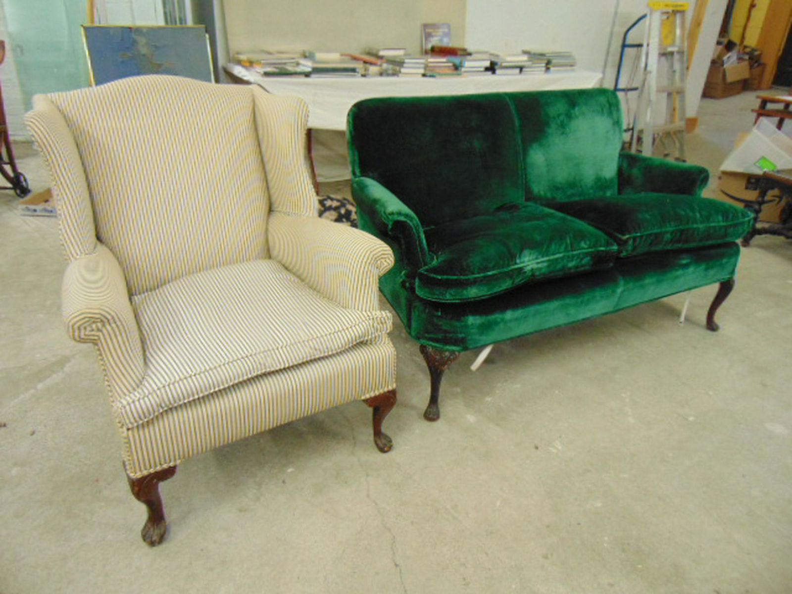 Green velvet upholstered loveseat & striped upholstered: Green velvet upholstered loveseat & striped upholstered wingback arm chair
