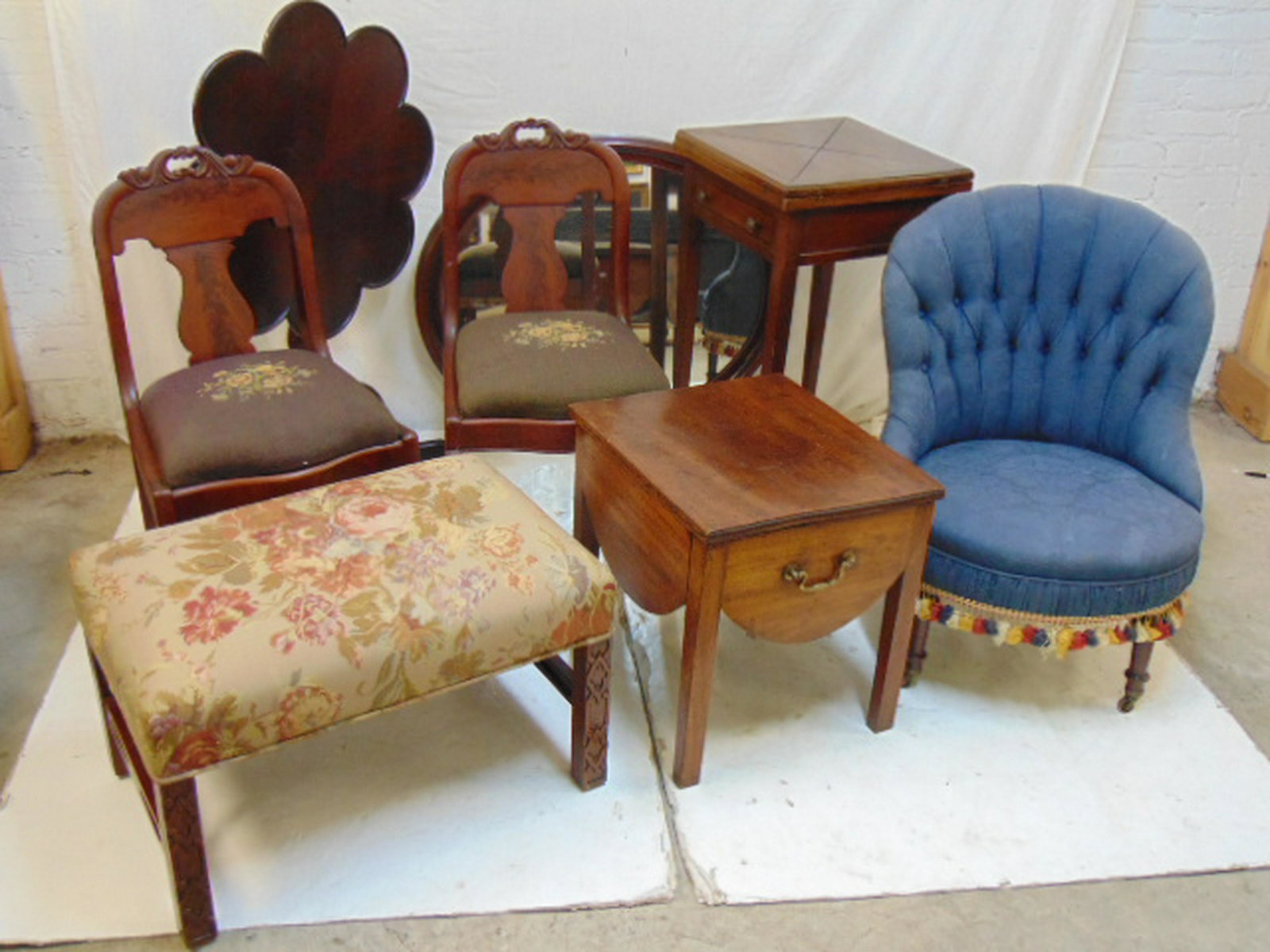 Lot furniture, stands, chairs, 8 pieces of furniture: Lot furniture, stands, chairs, 8 pieces of furniture and accessories including tilt top stand, oval mirror, upholstered chair, pair empire needlepoint chairs, Chippendale footstool, commode & single d