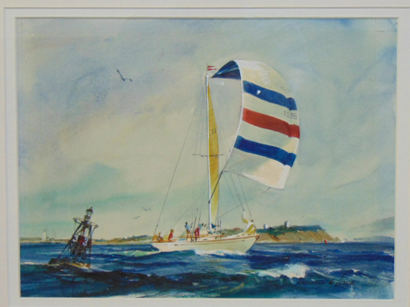 Painting, Sailboat, Marshall W. Joyce, watercolor on: Painting, Sailboat, Marshall W. Joyce, watercolor on paper showing a sailboat near coast, 8.5" by 11.5"