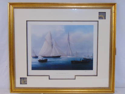 Collage, "The America's Cup", Tim Thompson, 1887: Collage, "The America's Cup", Tim Thompson, 1887 Volunteer (New York Yacht Club) defeats Thistle (Royal Clyde Yacht Club), signed , top right & lower left corner show knots, rope, total size is 31.25"