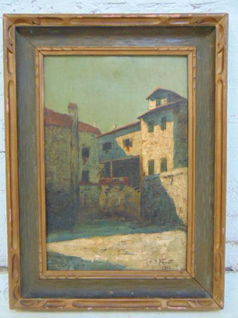 Painting, building, Harry D. Froot, 1914,oil on canvas: Painting, building, Harry D. Froot, 1914,oil on canvas showing European (Italian ?) style building with terracotta roof tiles, sun & shade, signed, canvas is 18" by 12"