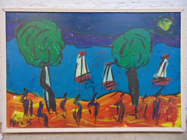 Painting, river scene, Peter Robert Keil, 1975, oil on: Painting, river scene, Peter Robert Keil, 1975, oil on canvas showing sailboats on a tree lined river, on reverse, "P. Keil, Berlin '75", 24" by 36"