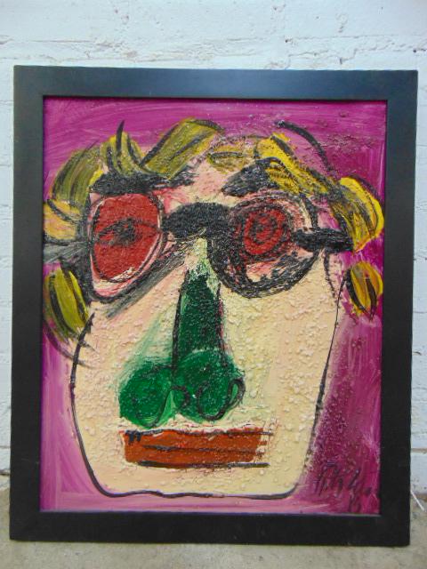 Painting, portrait, Peter Robert Keil, textured oil on: Painting, portrait, Peter Robert Keil, textured oil on panel, portrait of a man with glasses, (Elton John ?), 23" by 19"