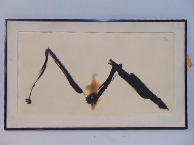 Etching, "Dance II", Robert Motherwell, 29/34, signed: Etching, "Dance II", Robert Motherwell, 29/34, signed in pencil, 19.75" by 37", damaged, as is, please refer to images