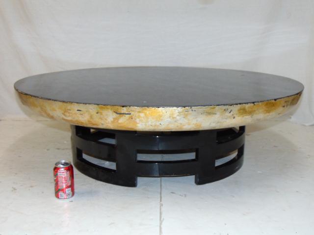 James Mont for Kittinger coffee table, Asian inspired: James Mont for Kittinger coffee table, Asian inspired coffee table, black lacquered top & base, gilt edge, table is 47.5" in diameter, height is 14"