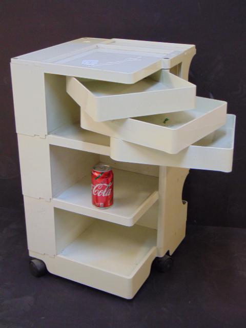 White Boby Cart by Joe Colombo for Bieffeplast, 1970s,: White Boby Cart by Joe Colombo for Bieffeplast, 1970s, 16.25" by 17", height is 29", some discoloration.