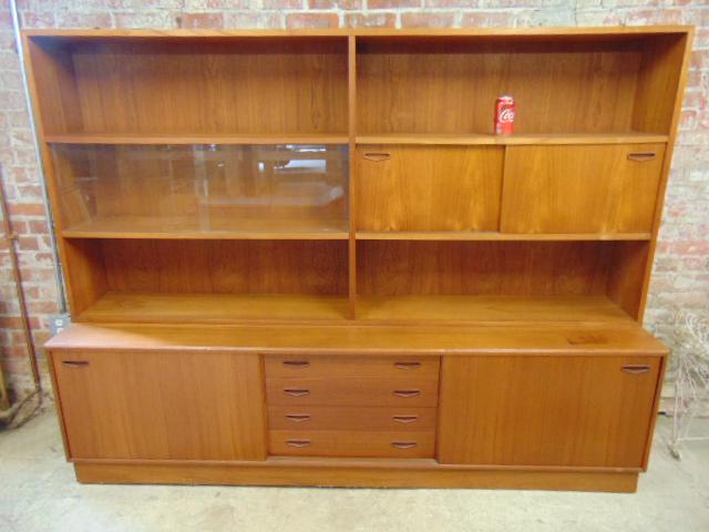 Large Clausen & Son Danish wall cabinet, teak two piece: Large Clausen & Son Danish wall cabinet, teak two piece dining cabinet, sliding glass & wood doors, drawers & shelves, cabinet is 82" by 18", height is 62.5"