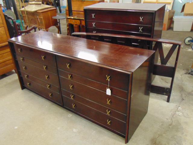 Paul Frankl for Johnson Furniture Company, bedroom set,: Paul Frankl for Johnson Furniture Company, bedroom set, 3 piece mahogany bedroom set consisting of a double wide chest, tall chest & headboard, chests have "X" hardware, double chest is 72.5" by 22.5"