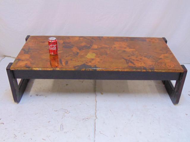 Percival Lafer Brutalism Brazilian coffee table, mixed: Percival Lafer Brutalism Brazilian coffee table, mixed metal top table with rosewood base, top is 49.5" by 23.5", height is 13.25"
