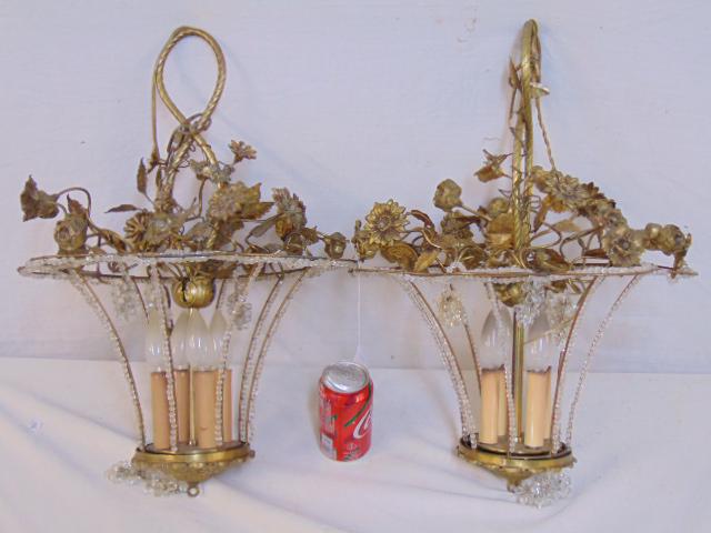 Pair bronze basket fixtures, two hanging fixtures with: Pair bronze basket fixtures, two hanging fixtures with crystal trim & floral decorations in basket form, height is 21