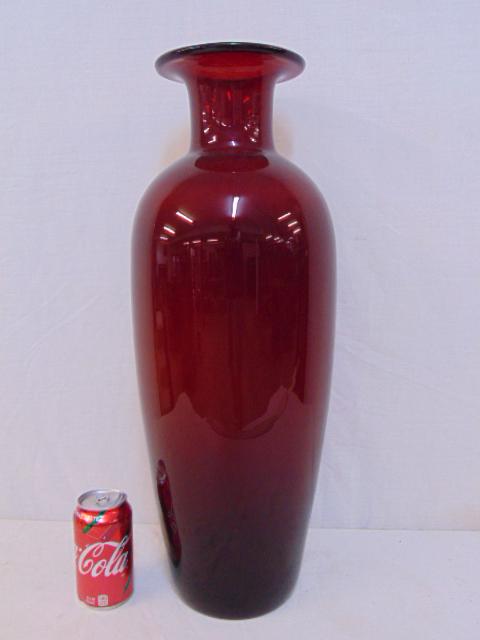 Blenko red art glass trumpet vase, in red, vase is: Blenko red art glass trumpet vase, in red, vase is signed and dated, height is 23.25", good condition