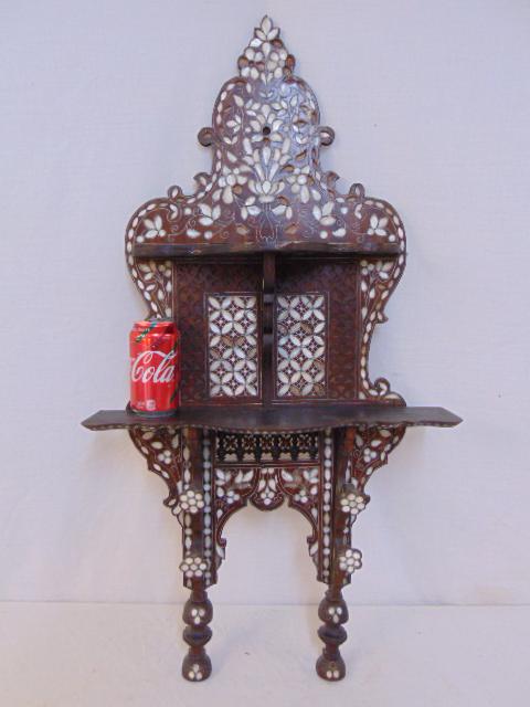 Moroccan inlaid wall shelf, mother of pearl inlaid wall: Moroccan inlaid wall shelf, mother of pearl inlaid wall shelf & coat rack, 36" tall, width is 19", some loss.