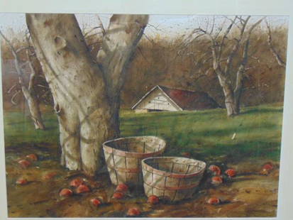 Painting, apple baskets, Nicholas Berger, watercolor on: Painting, apple baskets, Nicholas Berger, watercolor on paper showing a pair of apple barrels with spilled apples, manner of Andrew Wyeth, signed Nicholas Berger, 20.75" by 28.25"