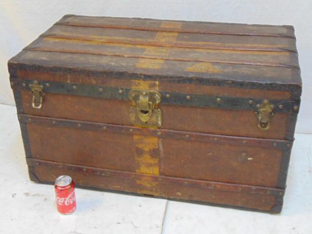 Louis Vuitton trunk, vintage Louis Vuitton trunk with: Louis Vuitton trunk, vintage Louis Vuitton trunk with original fitted interior, faded pattern, leather handles, has 3 trays, trunk is 35.5" by 20" by 20"