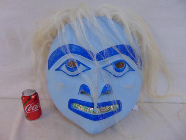 Francis Horne Sr. Pacific Northwest ceremonial mask: Francis Horne Senior Pacific Northwest ceremonial mask, painted & carved wood, abalone shell teeth & hair, mask is 17" tall, 16" wide.Note, this lot was sold by us in our August 26th sale, and sold to