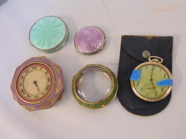 Grouping, 2 enamel compacts; shagreen low gold watch: Grouping, 2 enamel compacts; shagreen low gold watch case; French glass table clock; gold filled Hamilton pocket watch.
