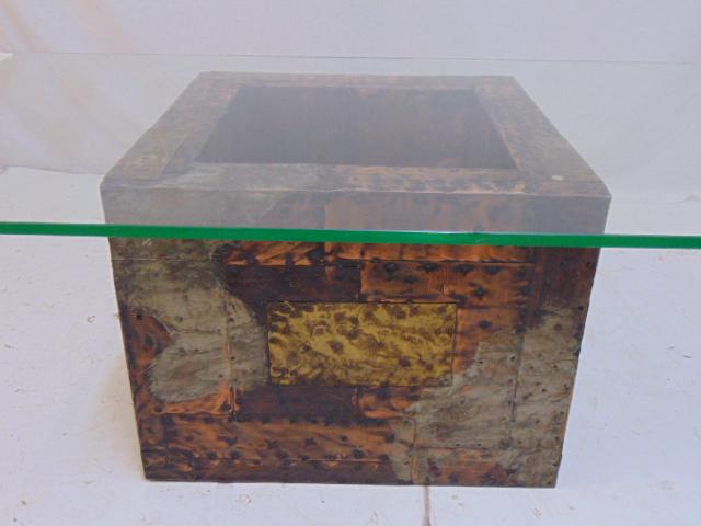 Paul Evans coffee or end table, mixed metal base, comes: Paul Evans coffee or end table, mixed metal base, comes with glass top, base is 20" by 20", height is 15"