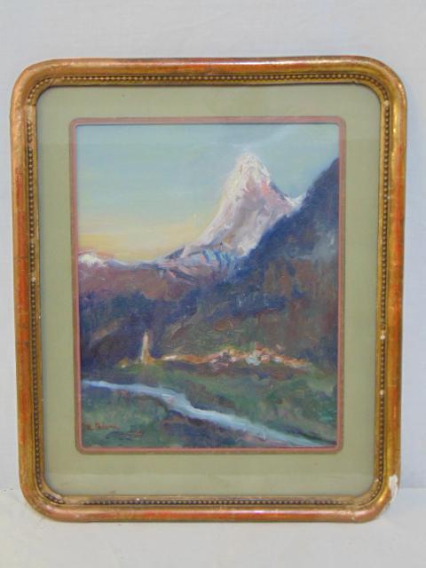 Painting, alpine scene, M. Blum, oil on board,: Painting, alpine scene, M. Blum, oil on board, impressionistic style showing small town with large peak as backdrop, frame chipped, painting is 10.5" by 8.25"
