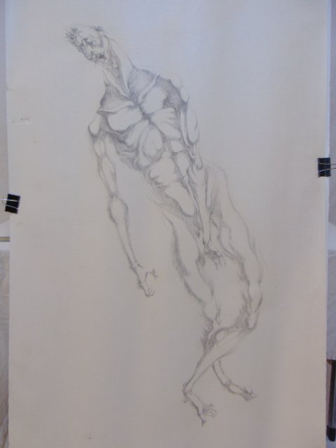 Drawing, Ezio Martinelli, drawing on paper, unframed,: Drawing, Ezio Martinelli, drawing on paper, unframed, as found, paper has some damage in margins, (59" by 35")