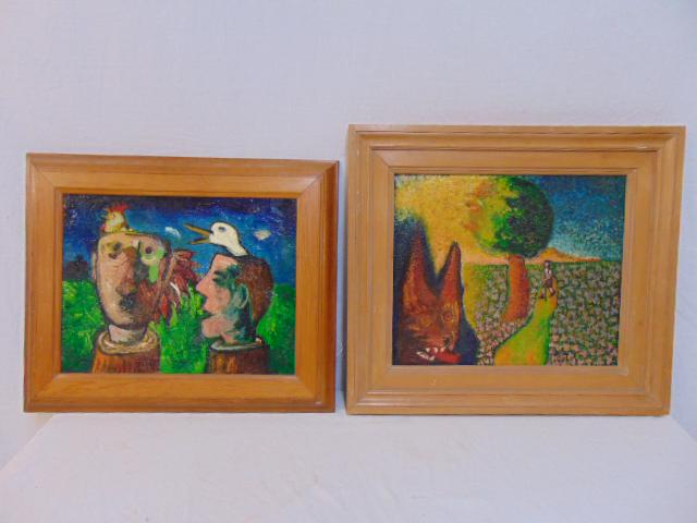 2 Paintings, Michael Moore, "Talking Heads", oil on: 2 Paintings, Michael Moore, "Talking Heads", oil on wood panel, 1997, 13.75" by 18" & "figure on path, Michael Mooney, 1999, painted on wood panel, 16" by 17.75"