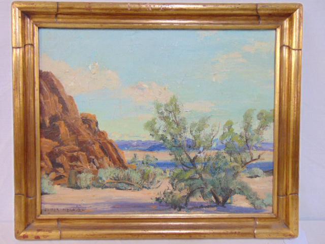 Painting, Desert Scene, James Merriam, painted on: Painting, Desert Scene, James Merriam, painted on canvas, canvas is 16" by 20", note, paint is flaking in several spots