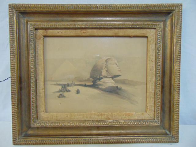 Lithograph, Pyramids & Sphinx, small lithograph by: Lithograph, Pyramids & Sphinx, small lithograph by David Roberts R.A. showing the Sphinx with figures, pyramids in background, 8.75" by 11.5"