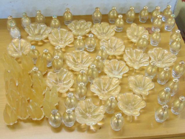 Large collection Murano salts, peppers & toothpick: Large collection Murano salts, peppers & toothpick holder, includes 16 toothpick holders, 46 pepper shakes & 16 slats or spoon rests, all in gold toned glass with specks